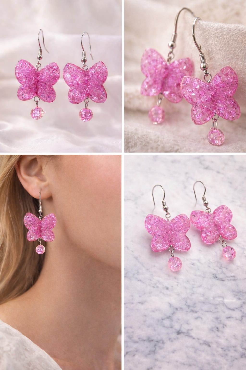 Lightweight pink butterfly drop earrings in soft candy-inspired tones
