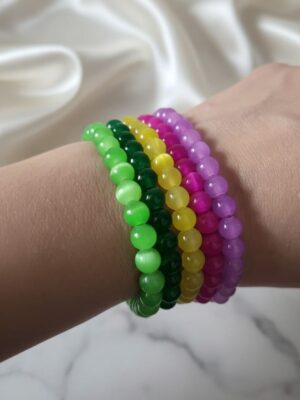Colorful beaded bracelet stack with jelly beads