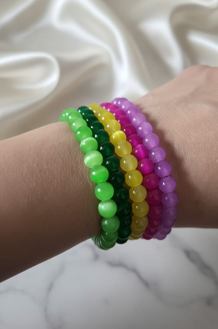 Colorful beaded bracelet stack with jelly beads