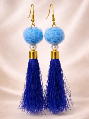 Blue tassel earrings with pop pom and pearl bead handmade statement earrings