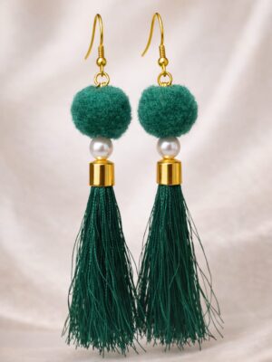 Green tassel earrings with emerald pom pom and pearl bead