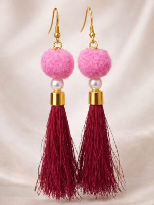 Pink tassel earrings with pom pom and pearl beads