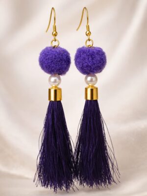 Purple tassel earrings with pom pom and pearl bead