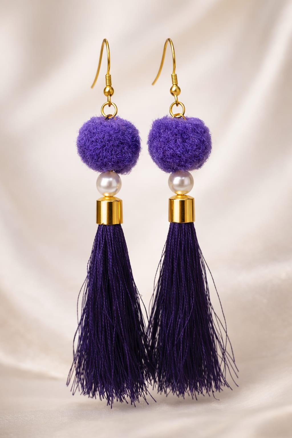 Purple tassel earrings with pom pom and pearl bead