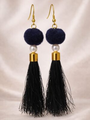Black tassel earrings with pom pom and pearl bead