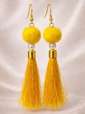 Yellow tassel earrings with pom pom and pearl bead