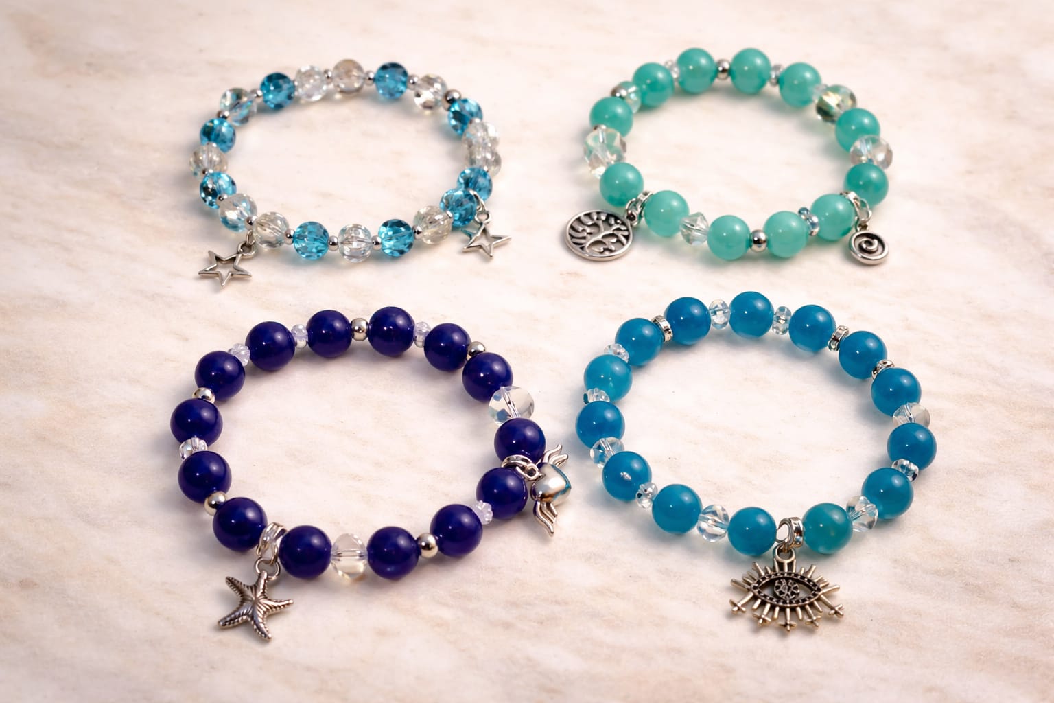 Elastic blue stretch bracelet stack inspired by ocean and night sky