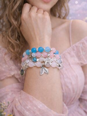 Blue pink fairy charm beaded stack bracelet handmade