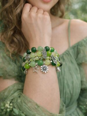 Green charm bracelet stack for women - nature inspired handmade beaded bracelet