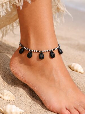 Black anklet with cowrie shell - Boho beaded black anklet for women