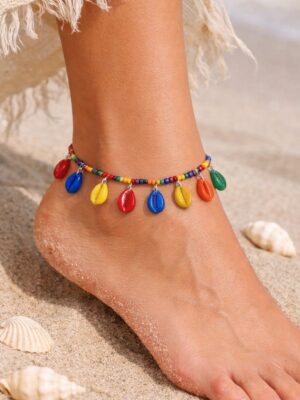 Boho beach anklet with cowrie shells - handmade colorful anklet