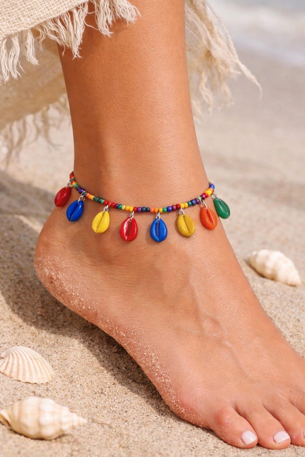 Boho beach anklet with cowrie shells - handmade colorful anklet