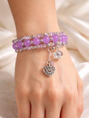 Purple beaded bracelet with charm handmade wrap bracelet