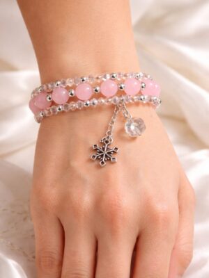 Pink beaded bracelet with crystal charms handmade wrap bracelet