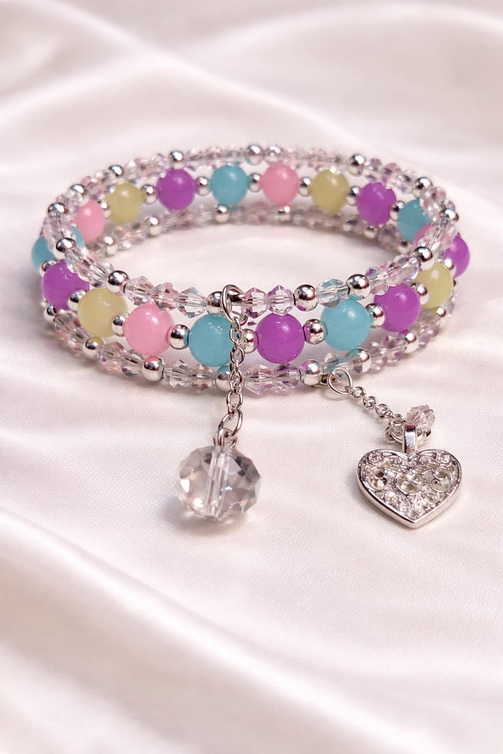 Candy Crystal pastel multicolor crystal bead wrap bracelet with silver heart charm, winter jewelry for women.