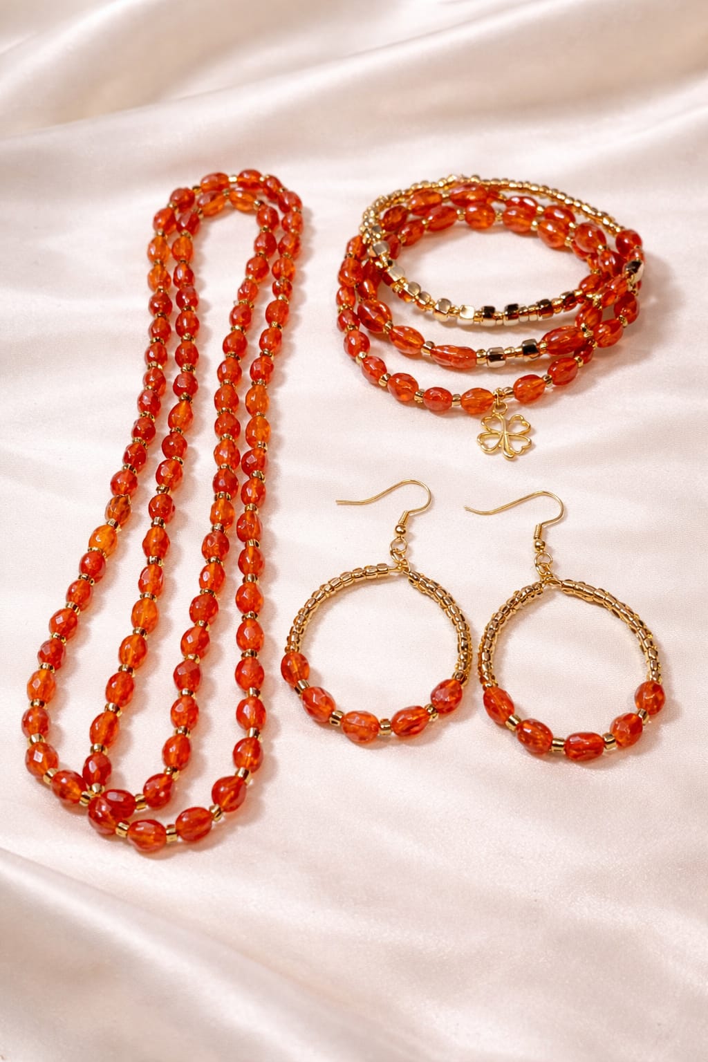 Orange Gold Jewelry Set - Beaded Necklace, Bracelet & Earrings
