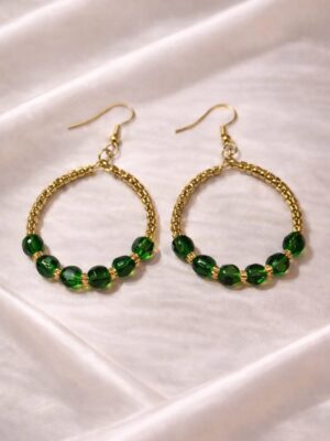 Green hoop earrings with emerald beads