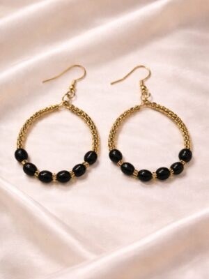Black hoop earrings with gold beads handmade statement earrings