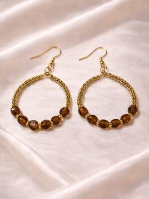 Handmade brown hoop earrings with gold beads