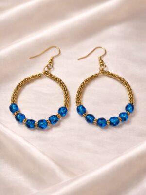 Blue hoop earrings with cobalt blue beads and gold hoop