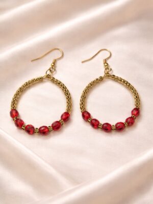 Handmade red hoop earrings with gold beads boho jewelry