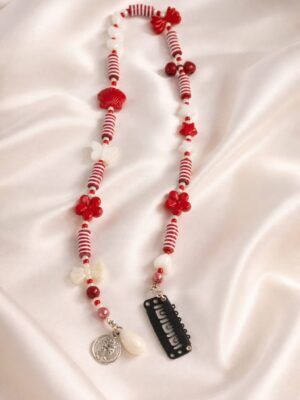 Red hair extension handmade beaded floral clip-in hair accessory aesthetic red and white design