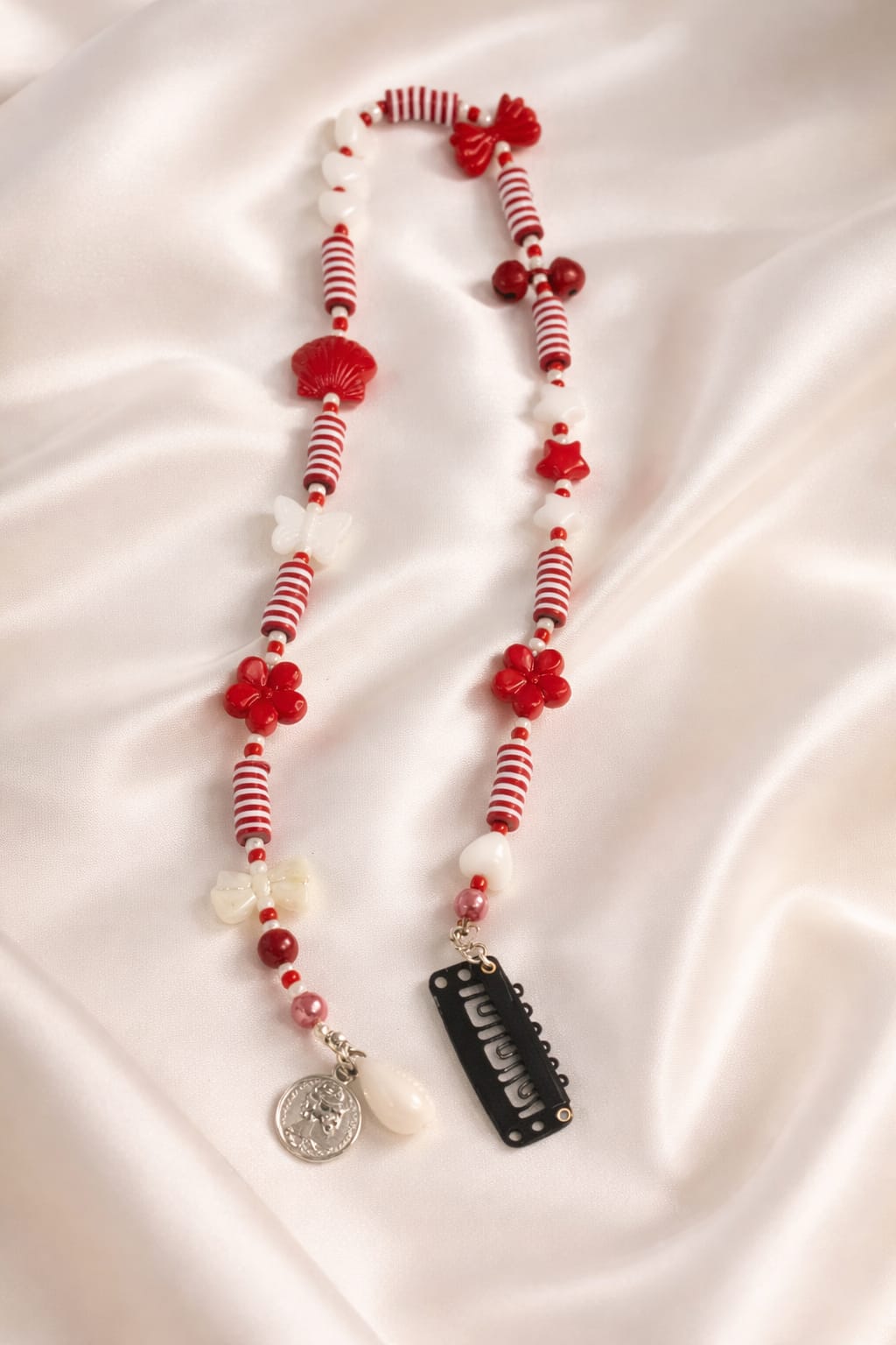 Red hair extension handmade beaded floral clip-in hair accessory aesthetic red and white design