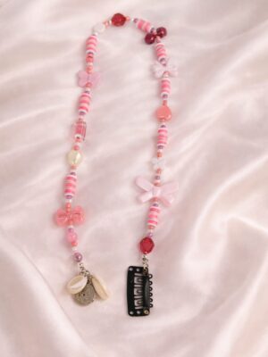 Pink hair accessory with beads and bows, handmade beaded hair extension