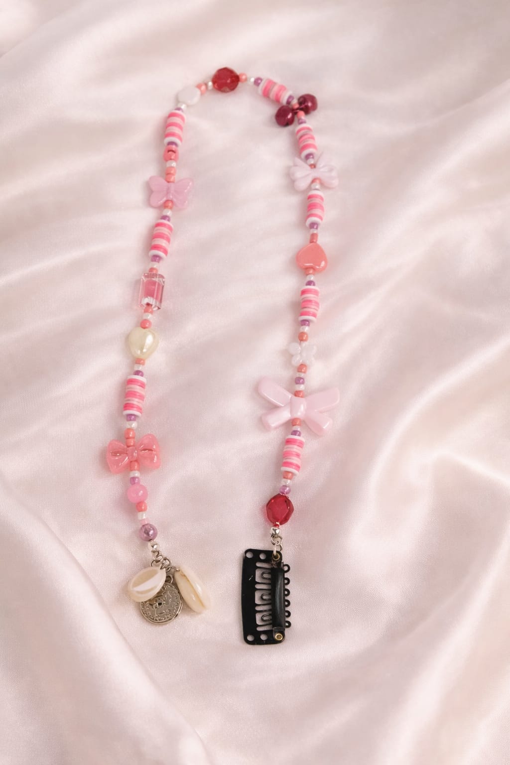 Pink hair accessory with beads and bows, handmade beaded hair extension