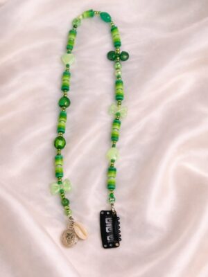 Green hair accessory with beaded design, bow and crystal handmade hair extension