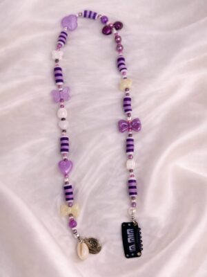Purple hair extension with beads, pearls and bow - handmade lavender aesthetic hair accessory
