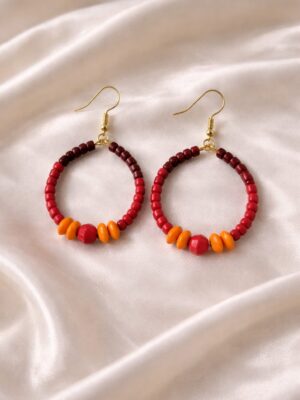 Terracotta hoop earrings with orange and brown beads