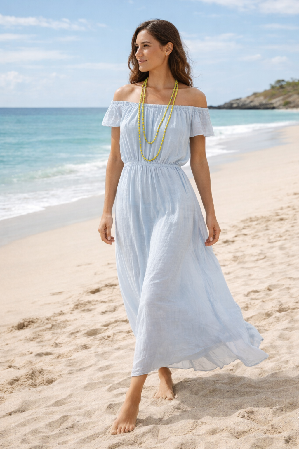 Coastal-inspired long beaded necklace in lagoon blue and sunlit yellow