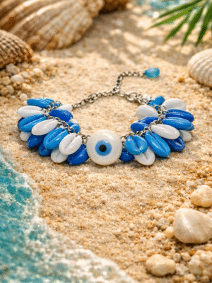 Blue evil eye bracelet with shell charms - boho beach jewelry