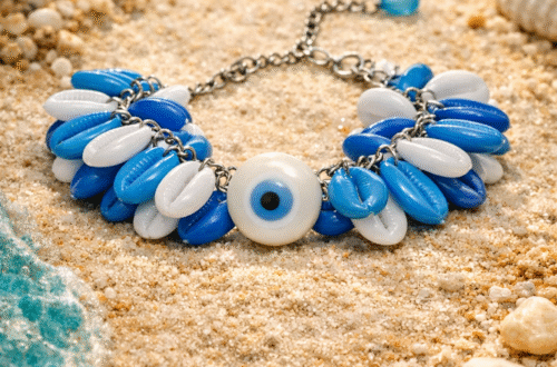 Blue evil eye bracelet with shell charms - boho beach jewelry