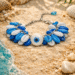 Blue evil eye bracelet with shell charms - boho beach jewelry
