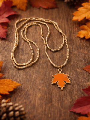 Maple Leaf Necklace - Autumn Jewelry - Gold Beaded Necklace