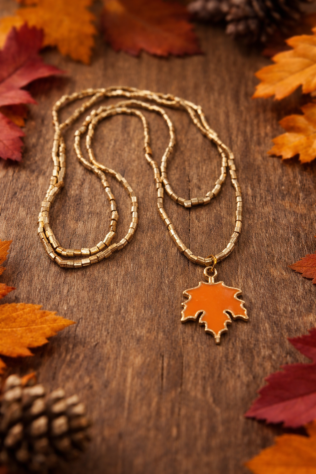 Maple Leaf Necklace - Autumn Jewelry - Gold Beaded Necklace