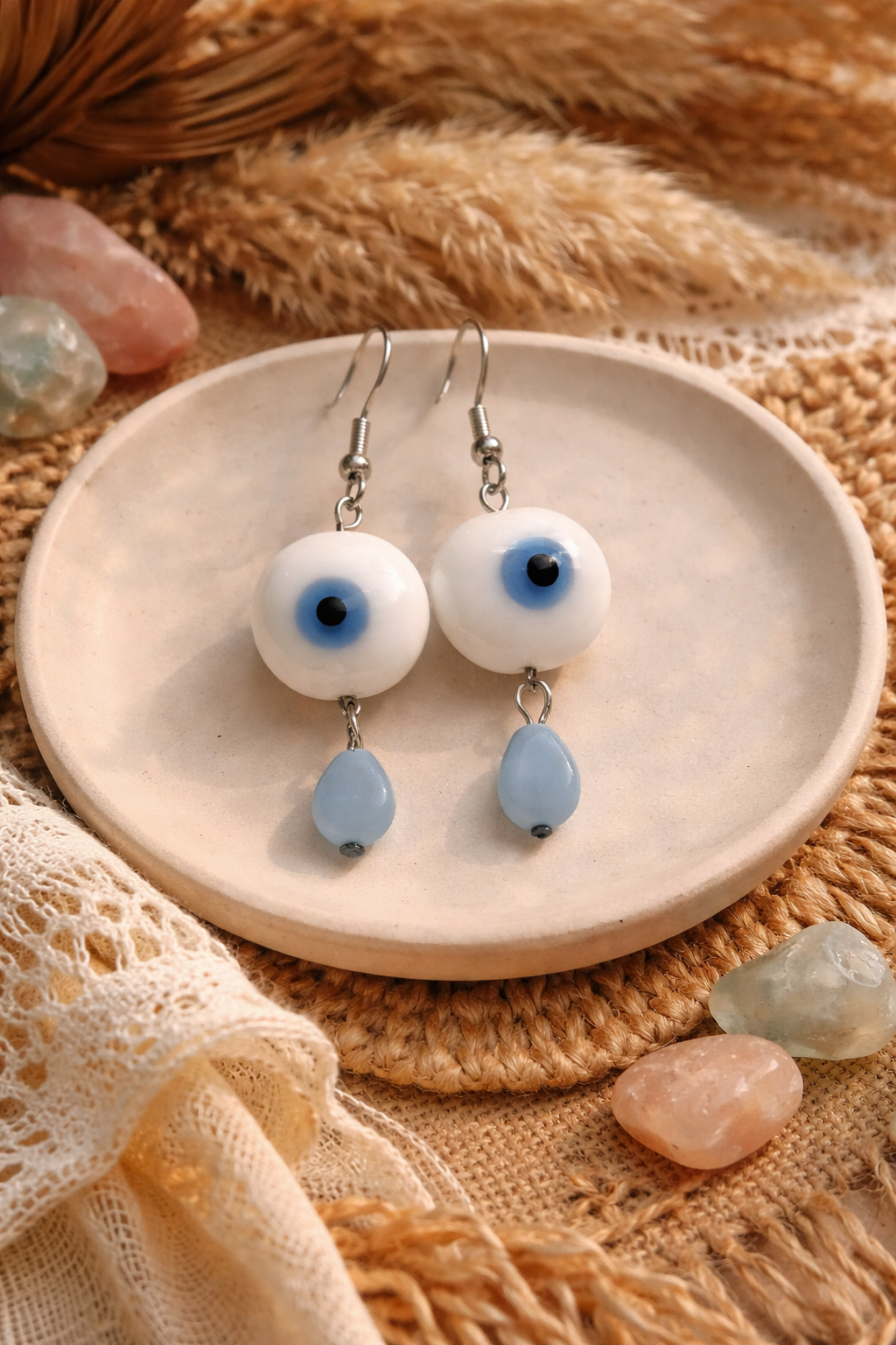 Evil Eye Drop Earrings - Boho Blue Glass Protection Earrings