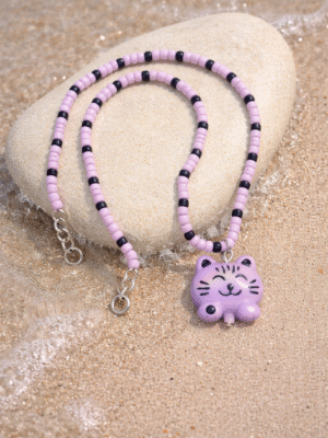 Kawaii Cute Cat Beaded Necklace Violet Wink - Handmade Jewelry