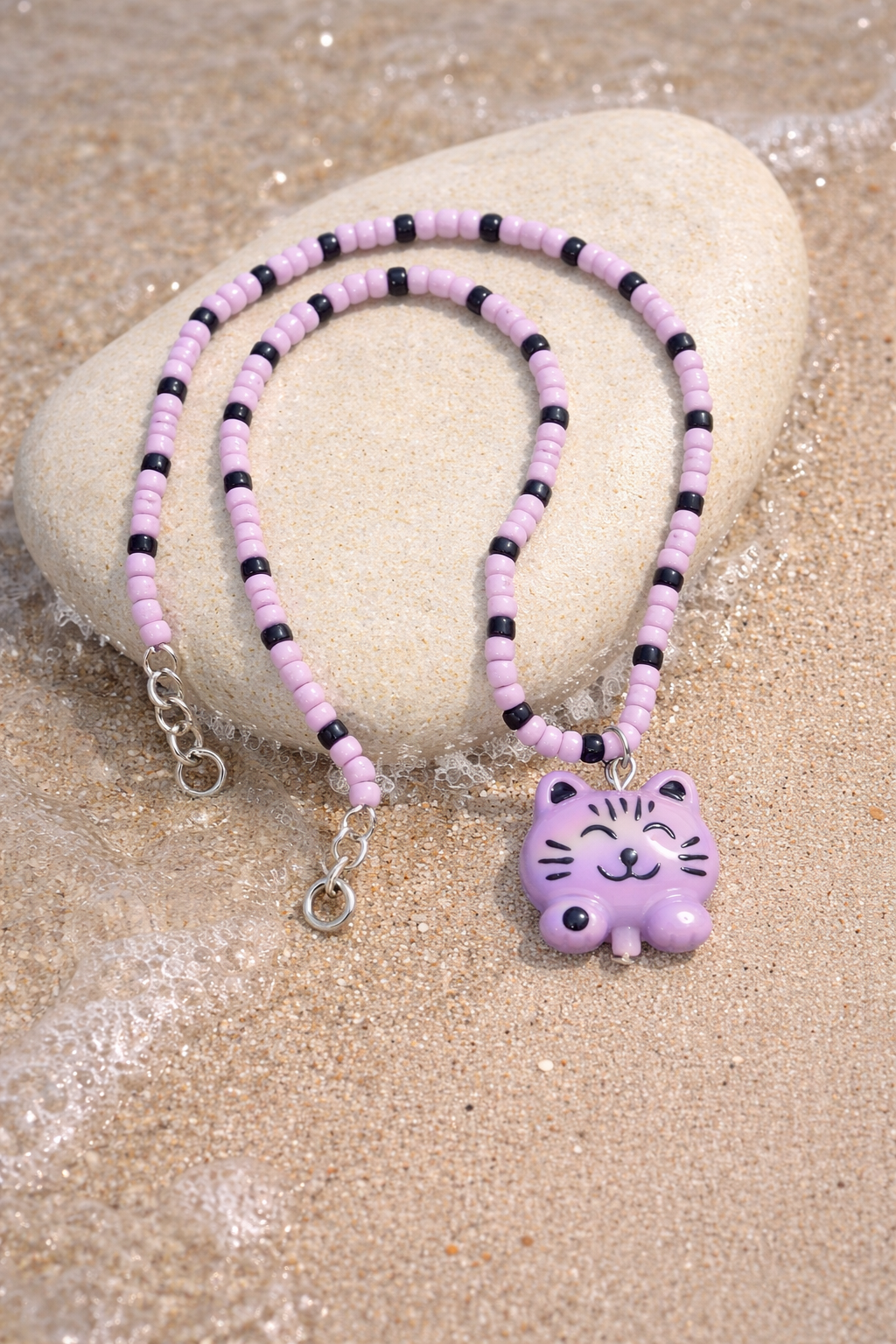 Kawaii Cute Cat Beaded Necklace Violet Wink - Handmade Jewelry
