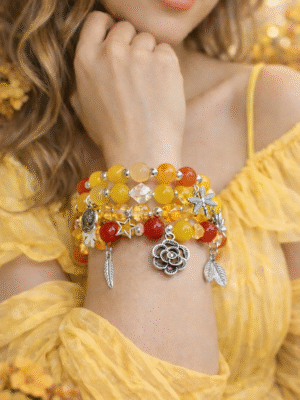 Yellow charm bracelet with sunset colored beads