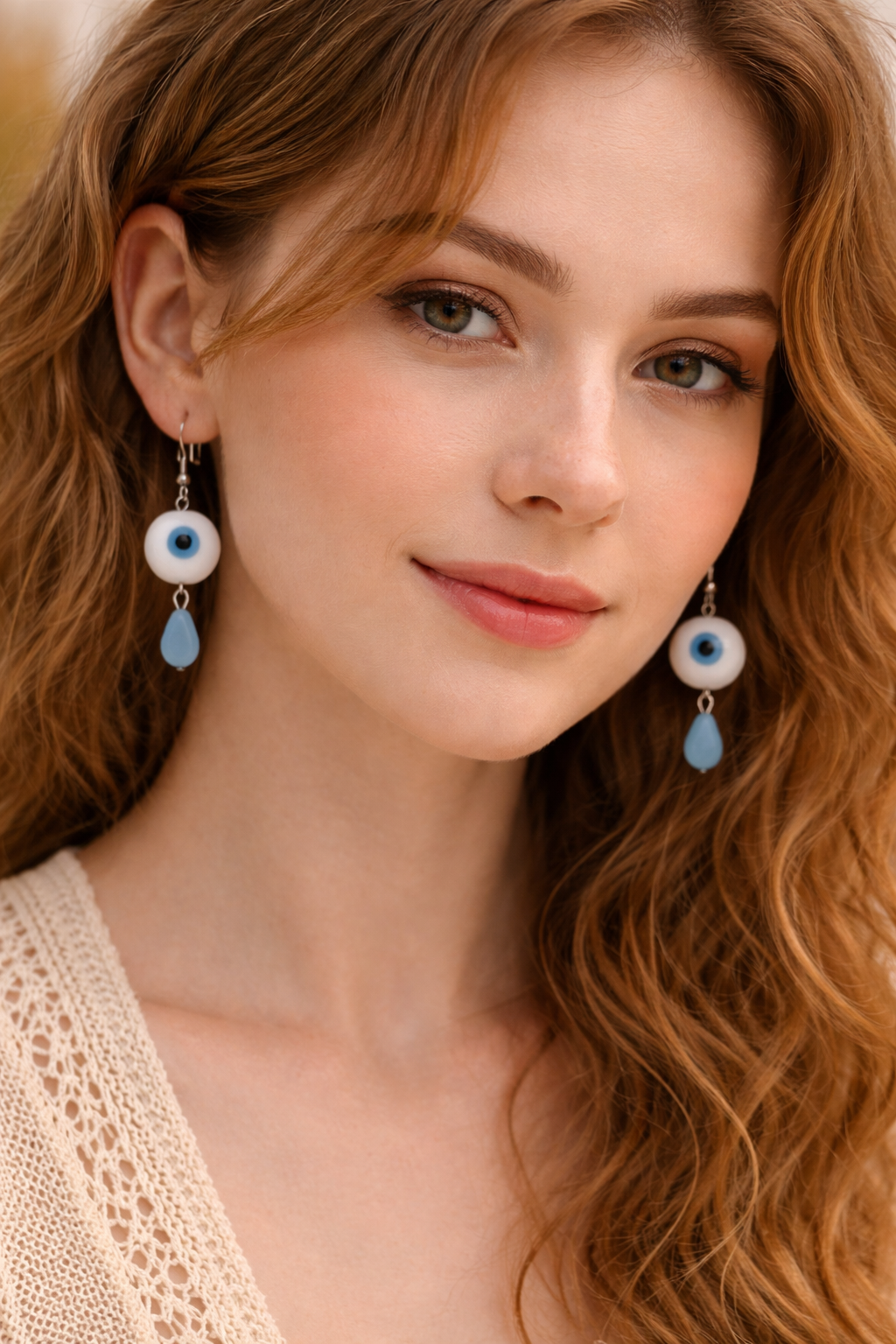 Lightweight boho evil eye drop earrings in serene ocean blue