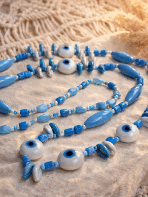 Evil Eye Beach Necklace - Blue Beaded Boho Artisan Necklace
