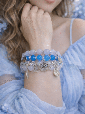 Blue evil eye bracelet stack with crystal beads