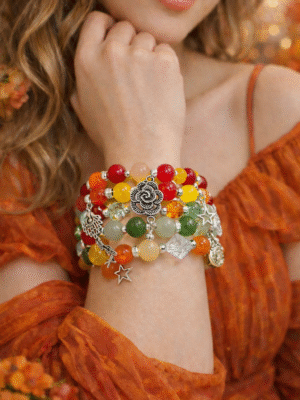 Colorful charm bracelet stack with vibrant beads and colorful charms