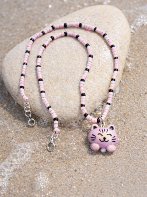 Cute Pink Cat Beaded Necklace Pink Mischief - Handmade Jewelry